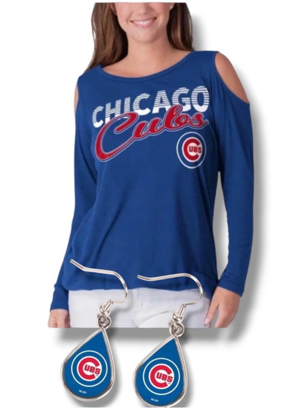 Chicago Cubs Women’s Cold Shoulder Long Sleeve Top + Teardrop Dangle Earrings